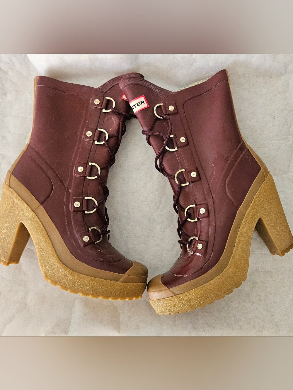 Hunter Boots Gabby Block Heel Lace-up In Merlot Burgundy Rare Vintage - Picture 2 of 8